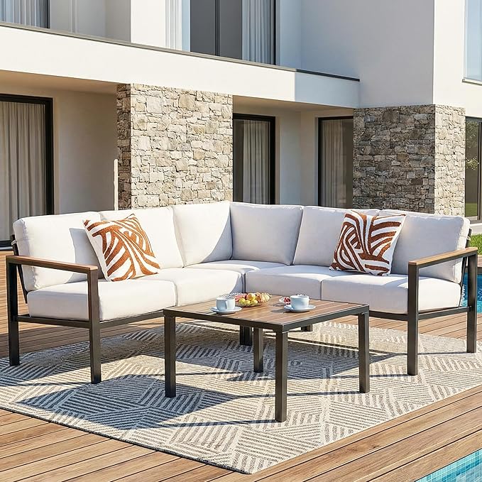 6-Piece L-Shaped Patio Sectional Set with Faux Wood Armrests & Cushions