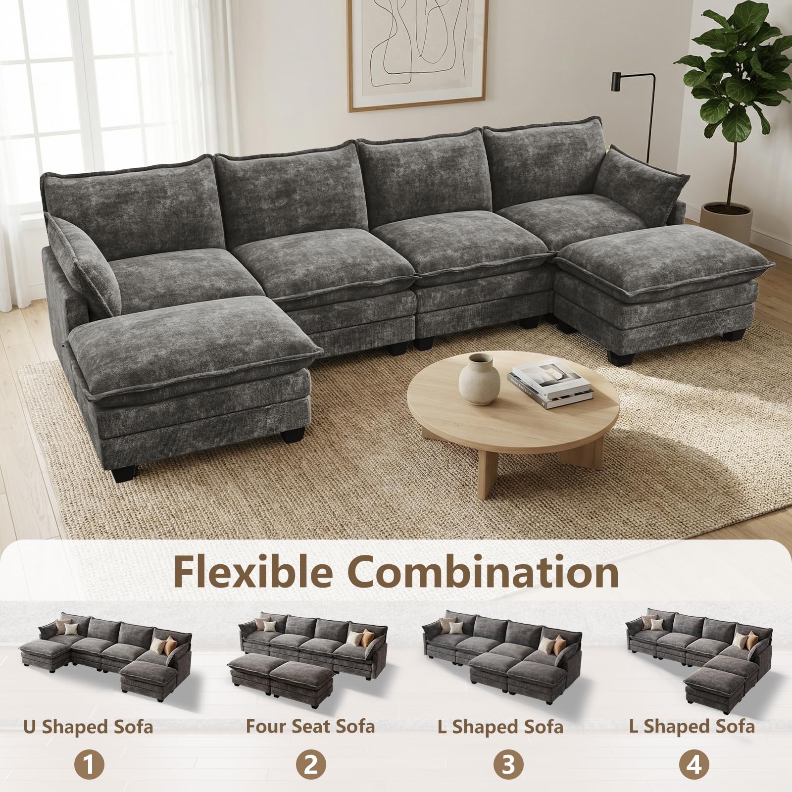 Hawarida Modular Sectional U Shaped Sofa Couches for Living Room, Cloud Couch with Movable Ottoman, Comfy Chenille Sofa with Pillow for Bedroom and Apartment, Dark Grey