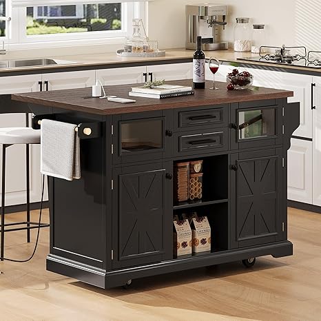 Rolling Kitchen Island with Drop Leaf & Power Outlet