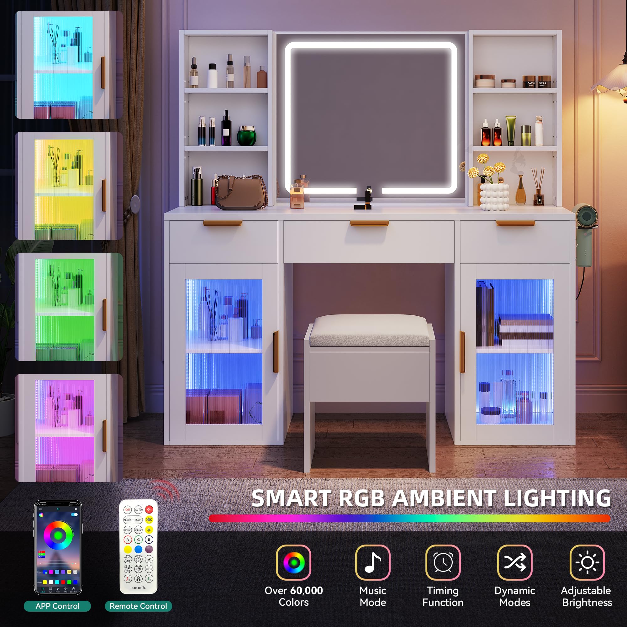 LED Vanity Desk with Tri-Fold Mirror & Lights, 3 Drawers