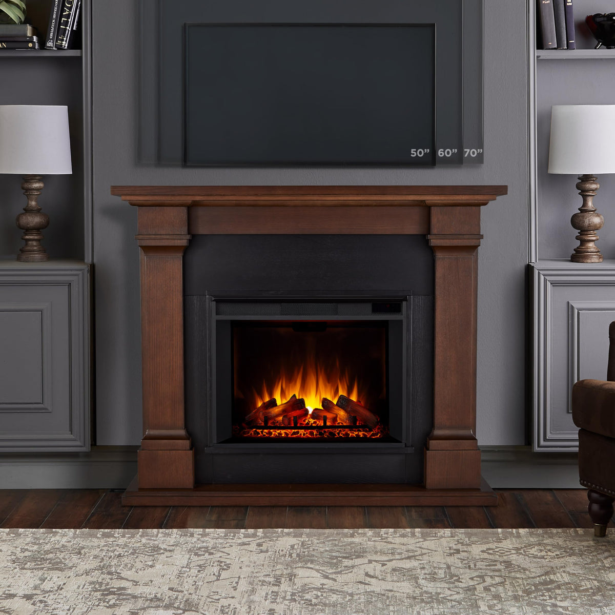 Real Flame Callaway 63" Grand Electric Fireplace with Mantel in Chestnut Oak, Free-Standing Oversized Indoor Electric Fireplace with Mantel, Adjustable Thermostat, Automatic Safety Shut-Off.
