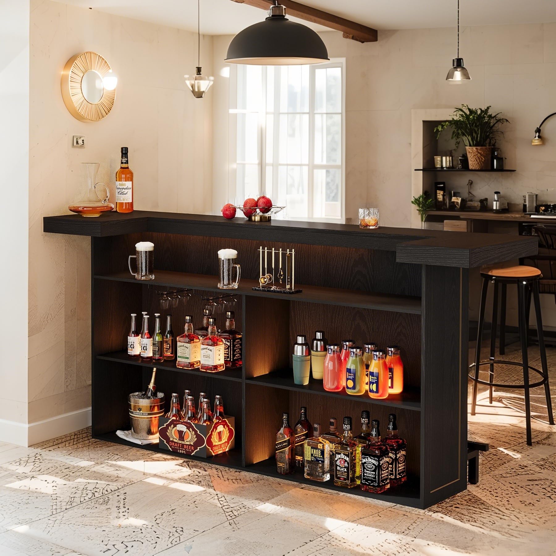 Tribesigns 70.9" Extra Large Bar Table, 4-Tier Storage Home Bar with Wine Glass Rack & Footrest, 2-in-1 Kitchen Island & Pub Table, Wooden Bar Unit for Kitchen, Living Room, Party