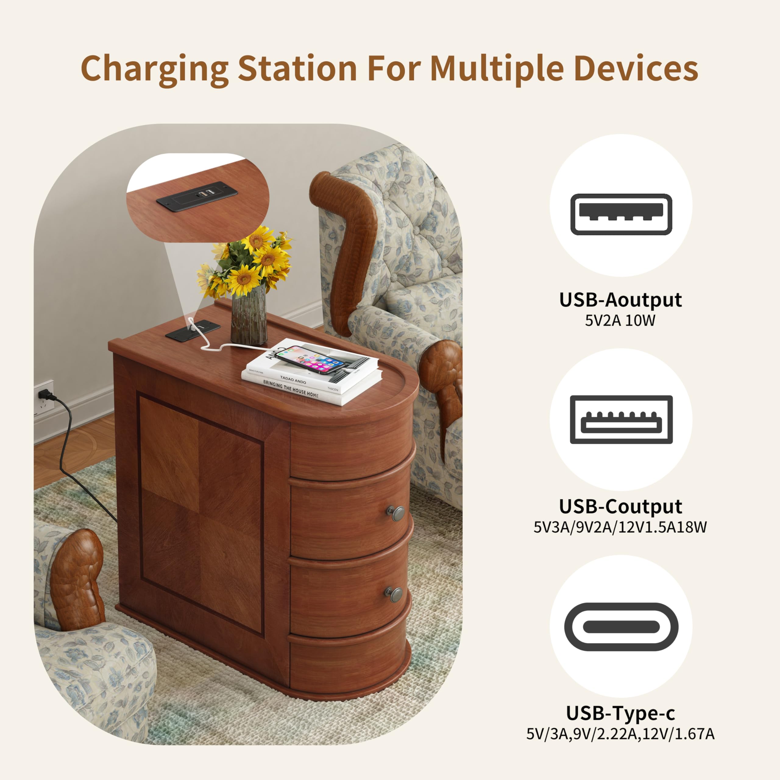 FAVSH Narrow End Table with Charging Station, Vintage Slim Sofa Side Table & Nightstand with 2 Drawers, Compact Wood Storage for Living Room Bedroom Small Spaces, Fully Assembled, Brown