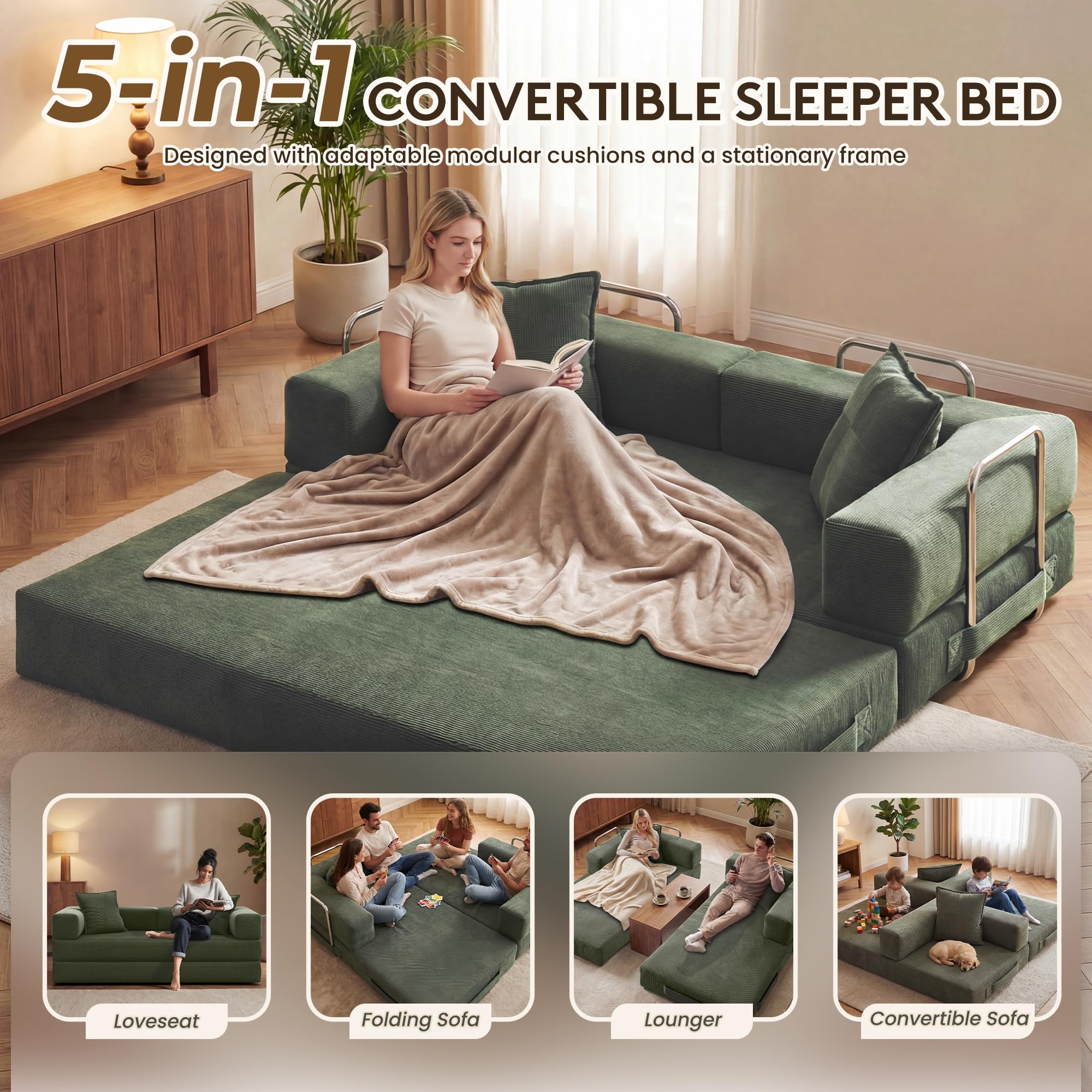 Convertible Futon Sofa Bed – 5-in-1 Modular Sleeper Couch, No Assembly