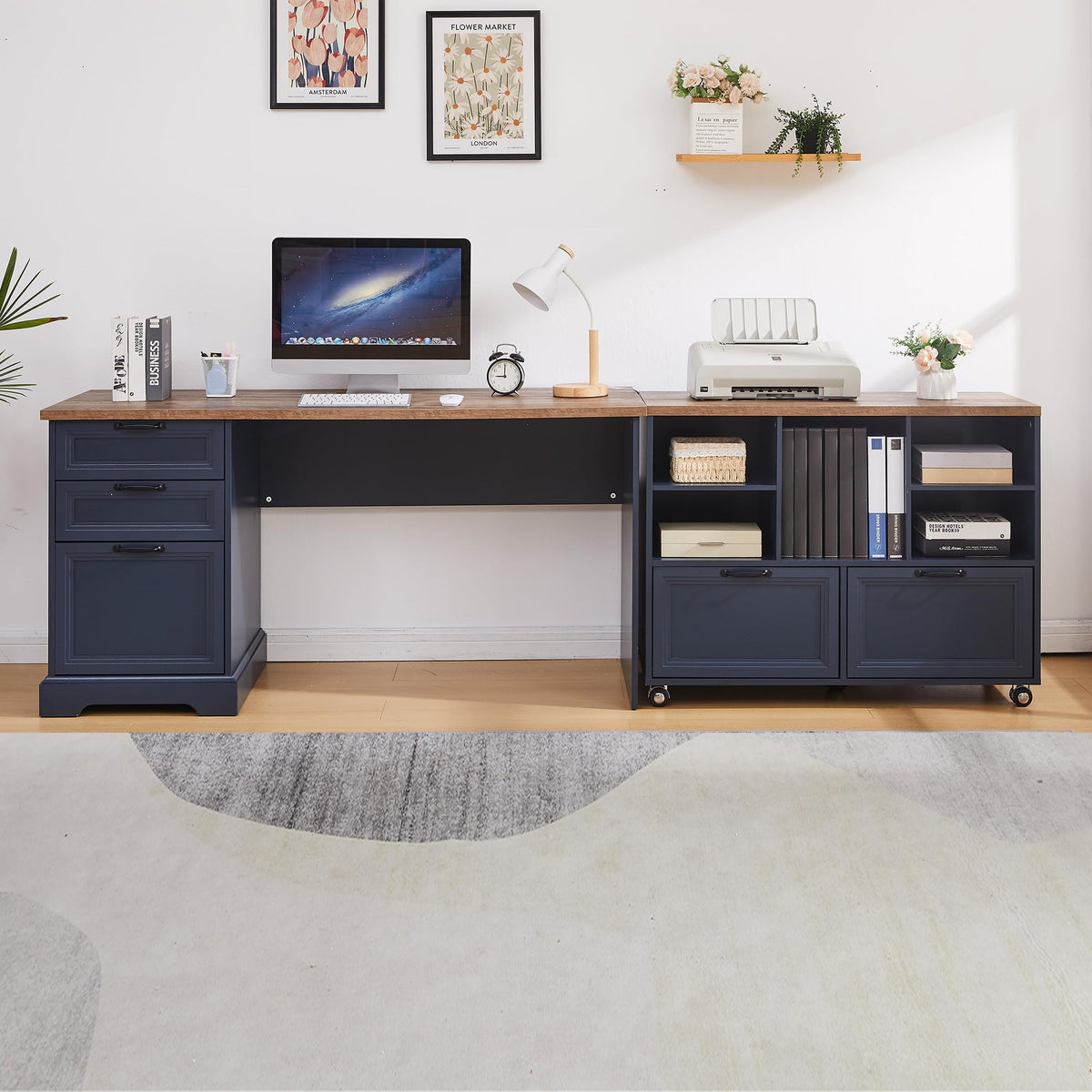 60"L-Shaped Executive Desk with 40"Adjustable File Cabinet,Farmhouse Home Office Desk with Charging Station,Office Desk with Storage Drawers,Wood Computer Desk Set for Office Work,Home Study (Blue)
