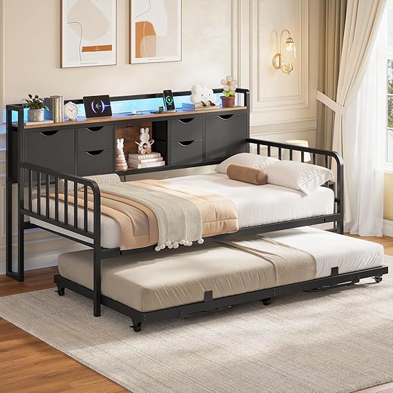 Twin Daybed with Pop-Up Trundle & Storage Headboard