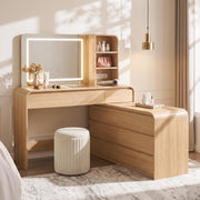 76" L-Shaped Vanity Desk with Mirror and Lights & Power Outlet, Natural