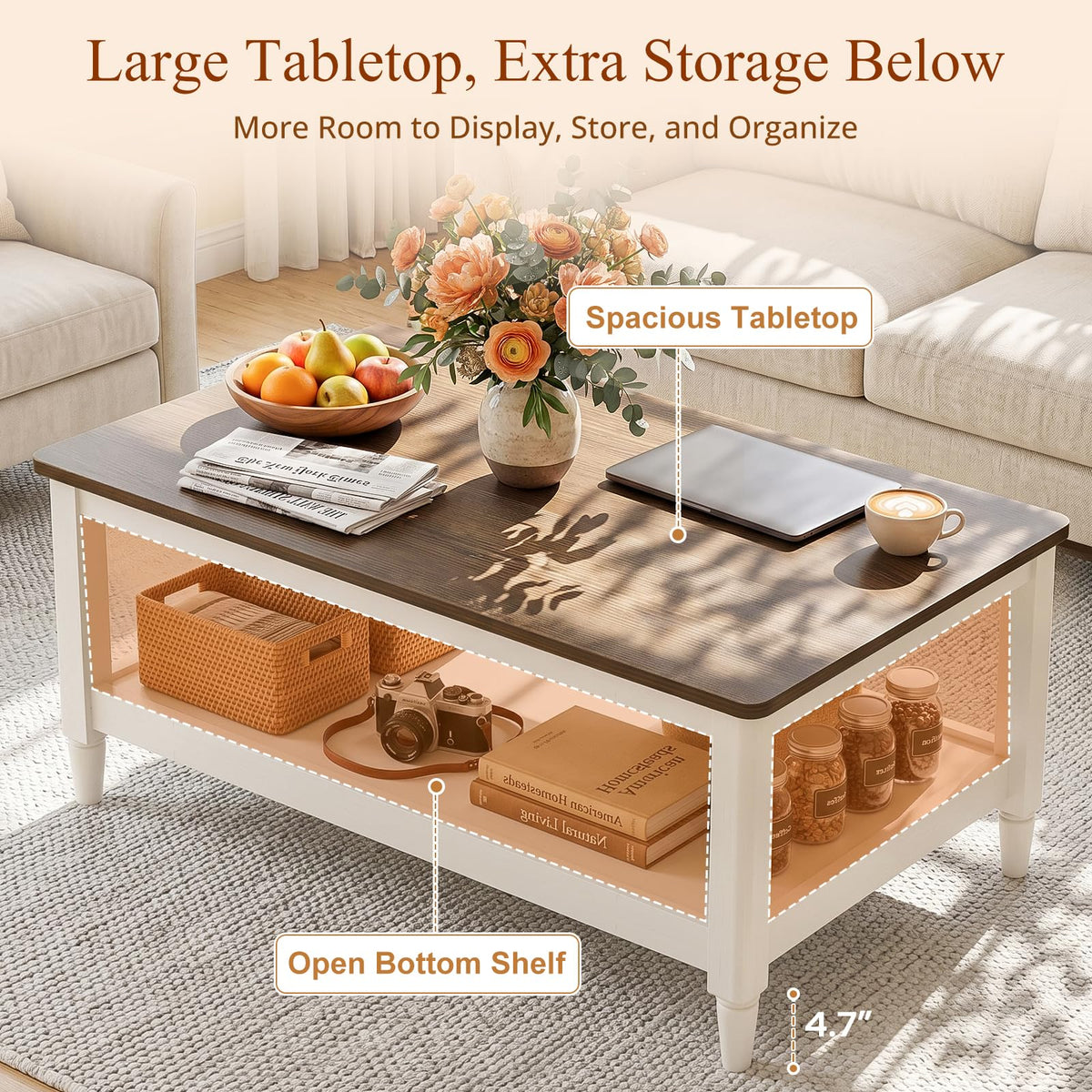 Foxemart 40" Farmhouse Coffee Table, Rustic White