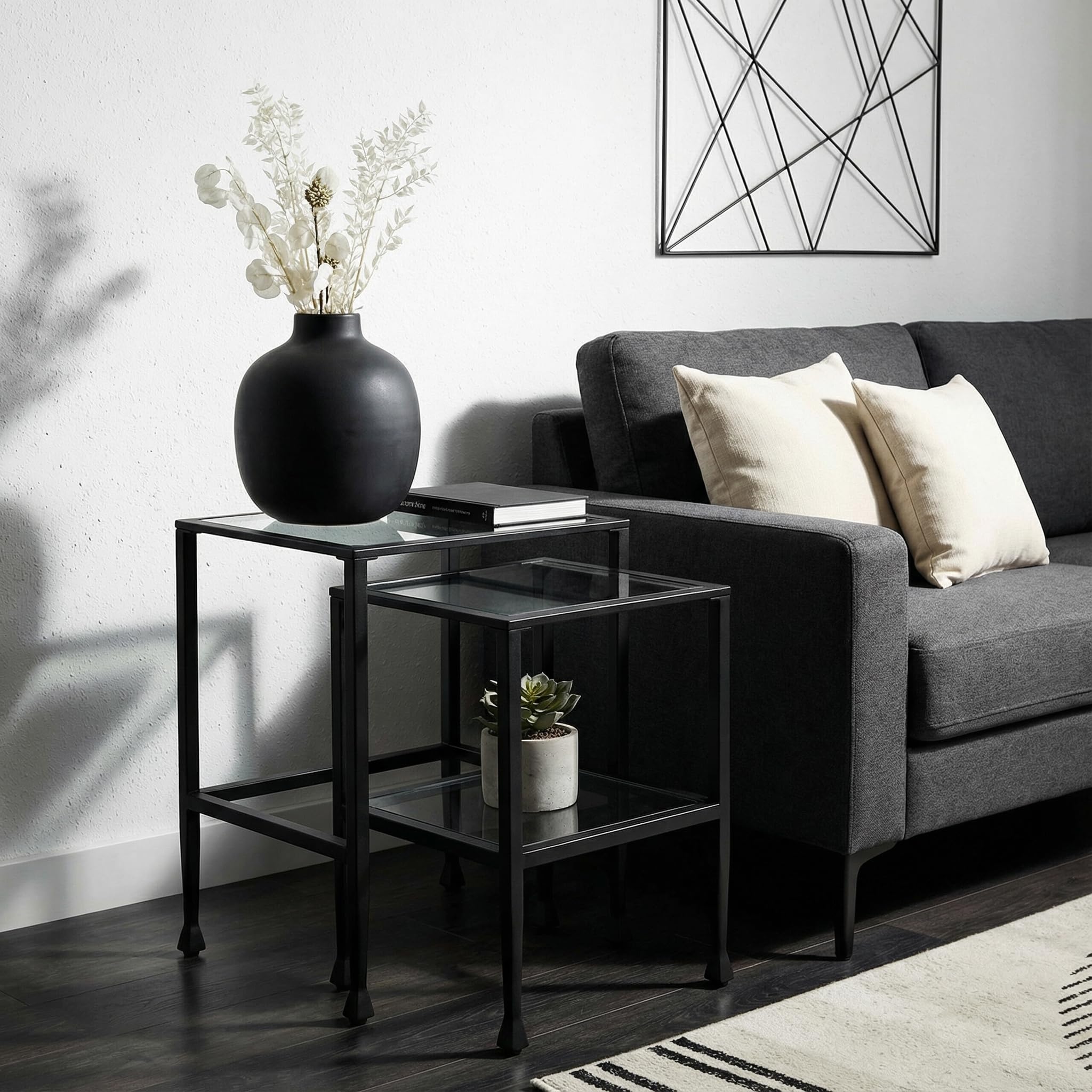 Square Nesting End Tables Set of 2 – Matte Black Steel & Glass
