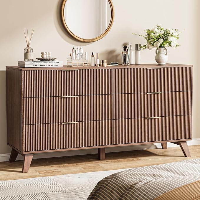 Fluted 6-Drawer Dresser with Wood Legs