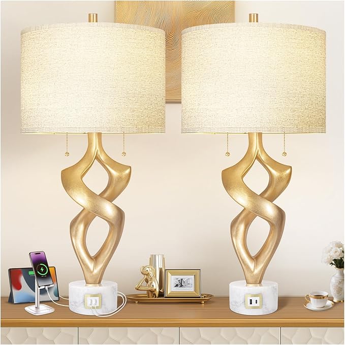 Sculptural Table Lamp Set of 2 with USB Ports & Marble Base