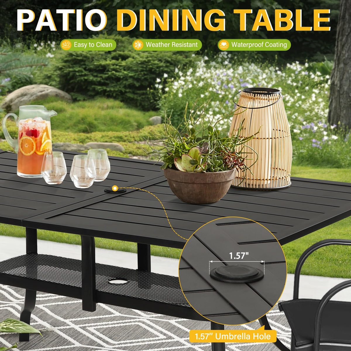 Incbruce Patio Dining Table, 60" x 36" Rectangle Metal Steel Slat Table, with 1.57" Umbrella Hole, for Backyards, Porches, Gardens or Poolside