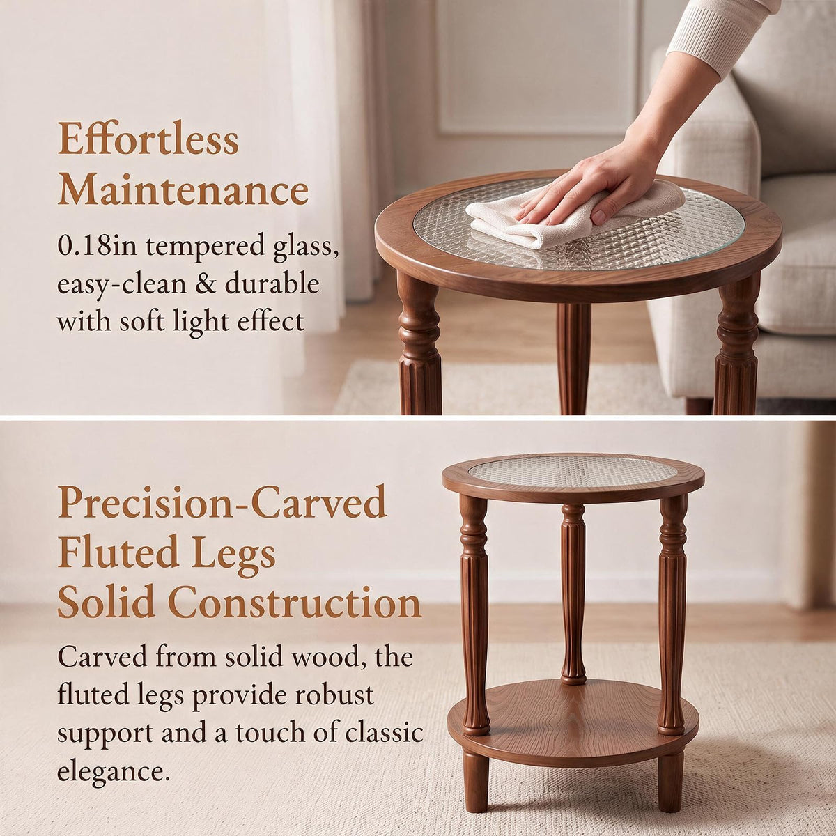 Huquczm Walnut Brown Round 2‑Tier French Vintage End Table with Glass