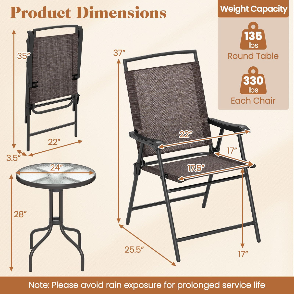 Tangkula 3 Piece Bistro Set Outdoor, Bistro Folding Chairs and Table Set, Rippled Tempered Glass Round Tabletop with Umbrella Hole, Small Patio Furniture Dining Set for Porch Balcony Garden Yard