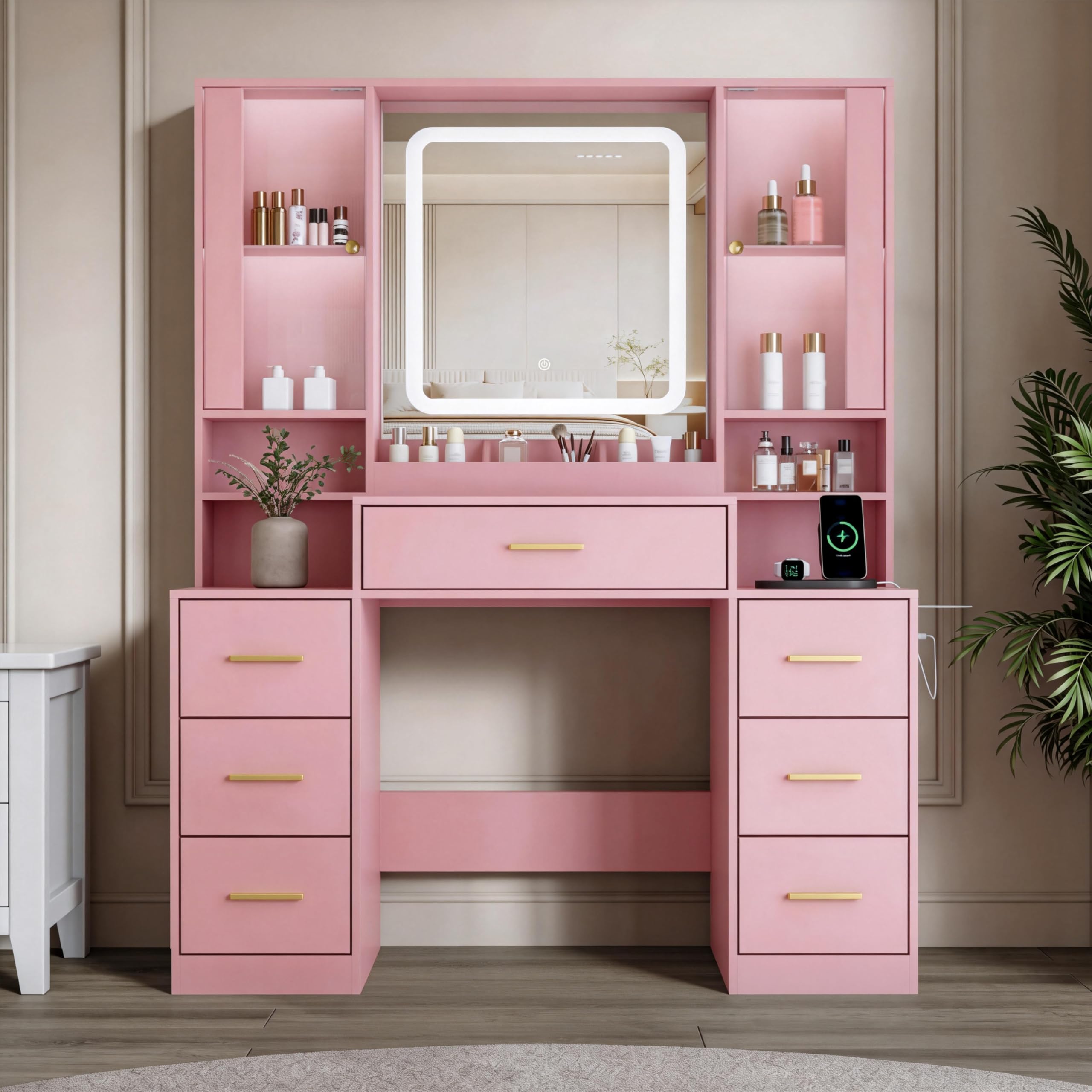 ANYMAPLE Vanity Desk with Mirror & Lights, Makeup Vanity with Power Strip, 7 Drawers & 2 Cabinets, Hair Dryer Holder, RGB Cabinet Lighting, 3-Color Dimmable Mirror
