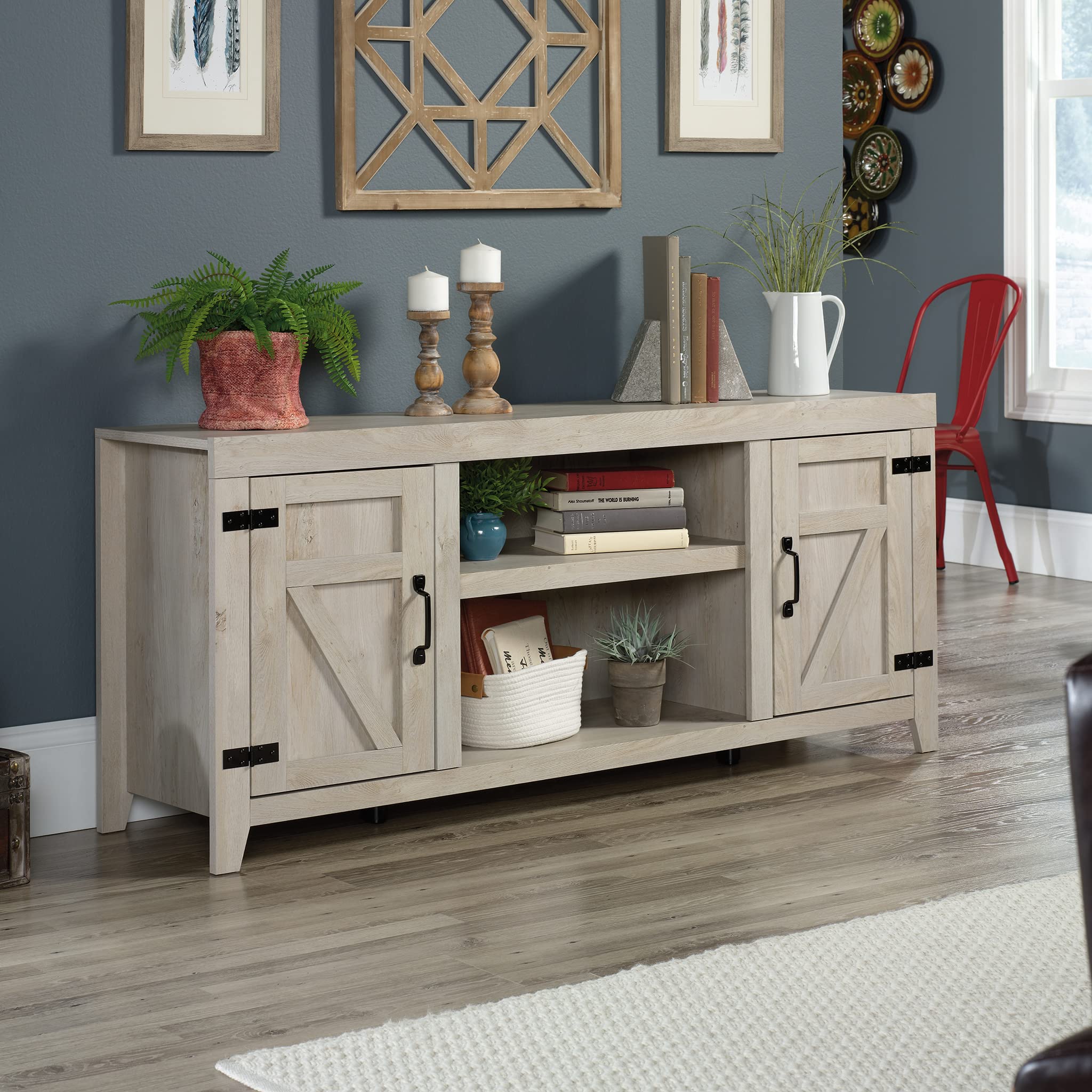 Sauder Misc Entertainment Farmhouse TV Credenza, for TVs up to 70", Chalked Chestnut Finish
