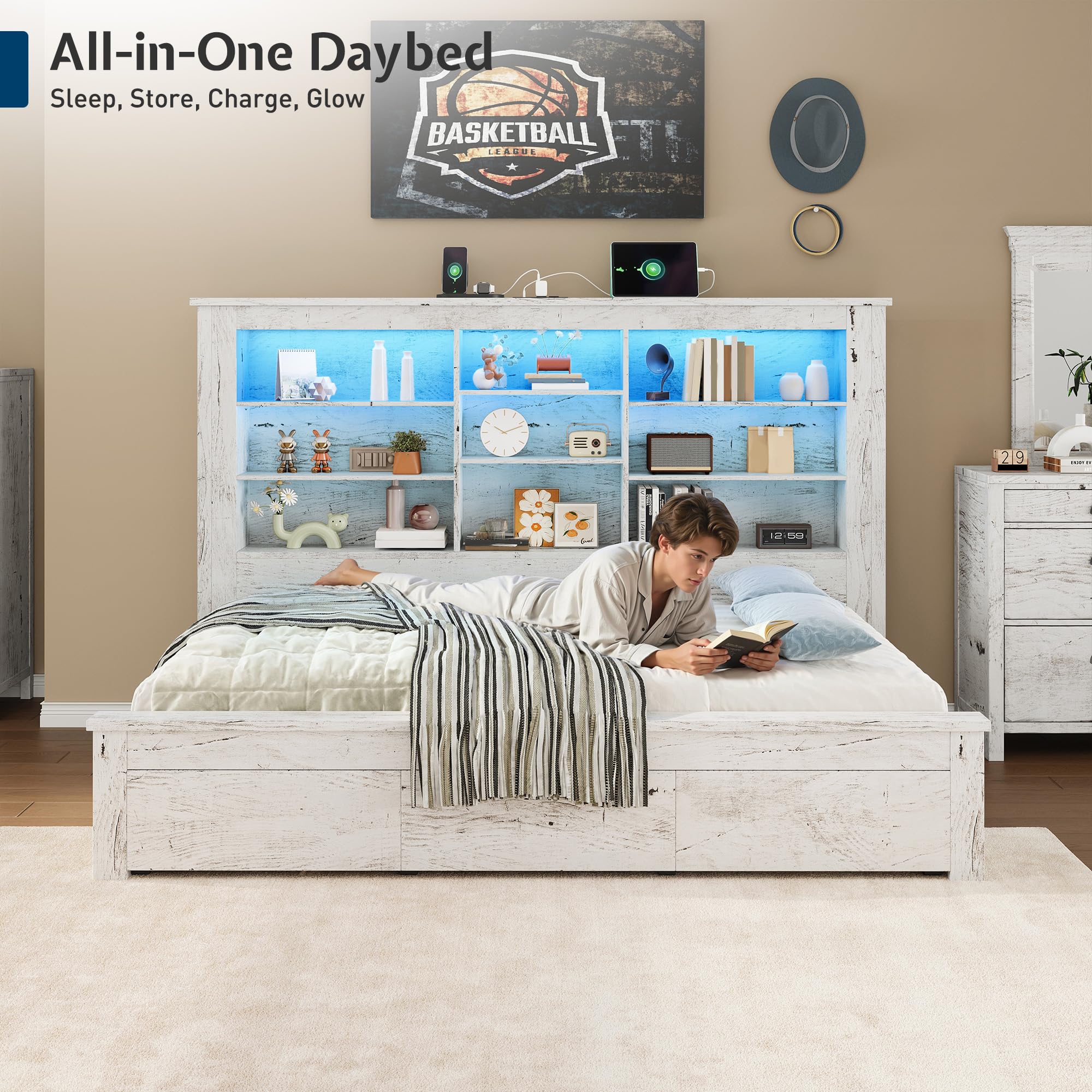 Twin Storage Daybed with Bookcase Headboard, USB Charging & RGB LED Lights