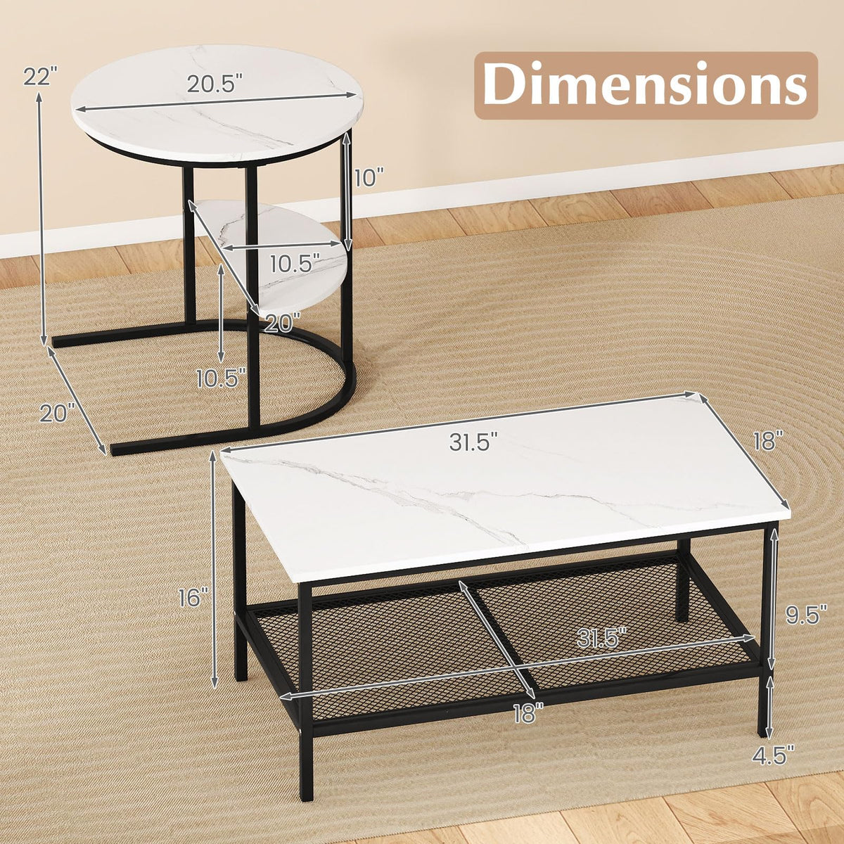 GOFLAME Nesting Coffee Table Set of 2, 2 PCS Nesting Tables with Faux Marble Top and Extra Storage Shelf, Modern Round End Table & Rectangular Coffee Tables for Living Room, Bedroom, Black+White