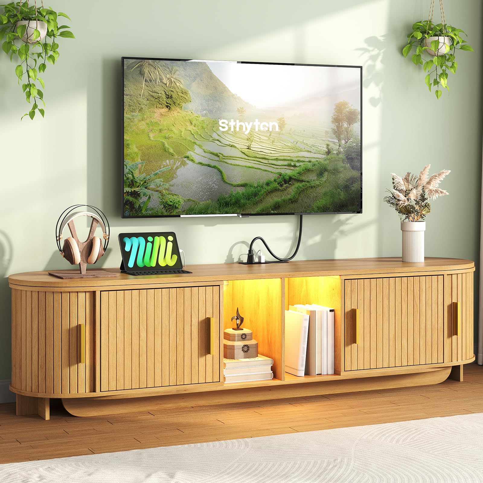 STHYTON Fluted TV Stand, Extendable TV Console with Power Outlet & LED Lights, Modern Entertainment Center with 2 Sling Doors for TVs up to 70", Storage Organizer, for Living Room and Bedroom, Natural