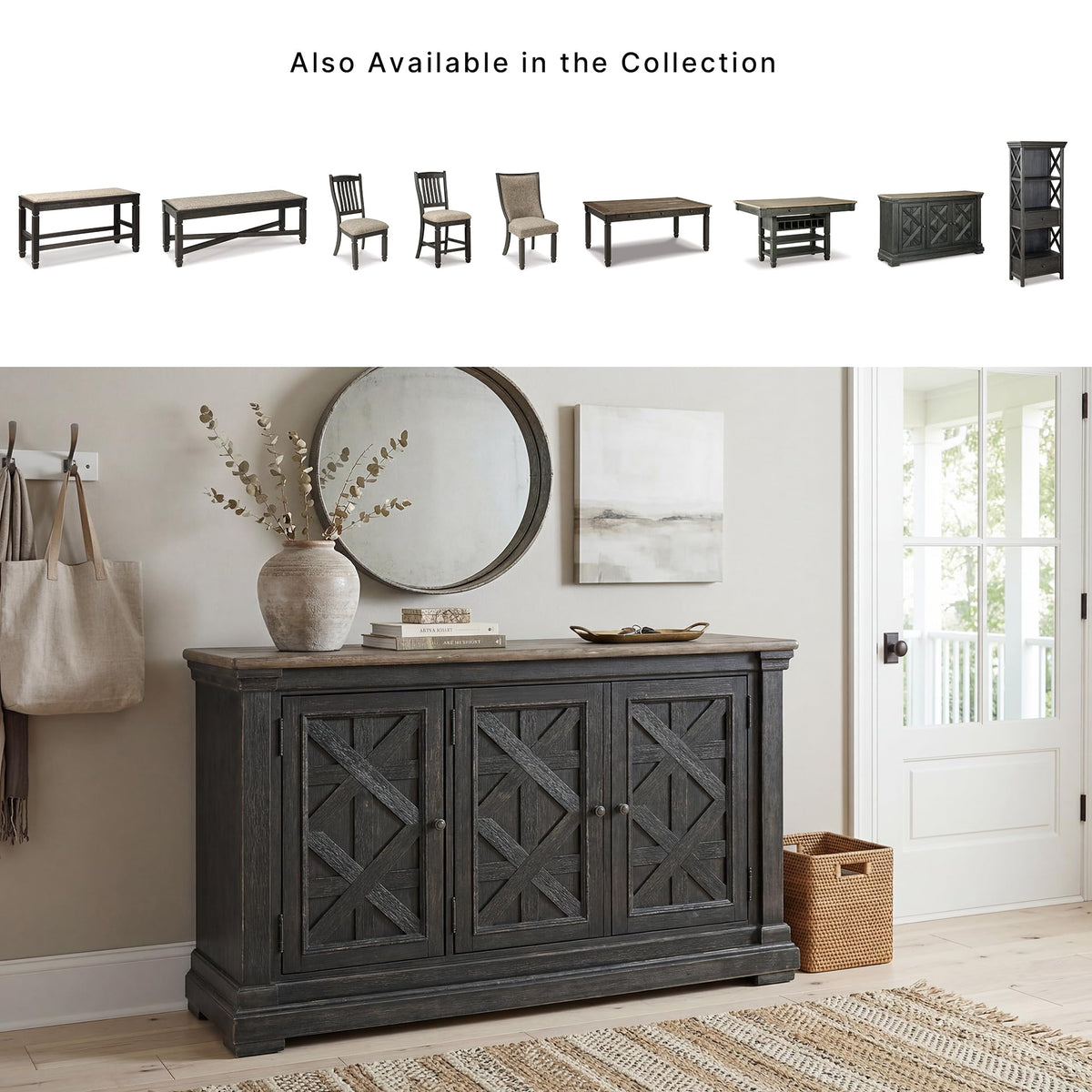Signature Design by Ashley Farmhouse Sideboard Buffet Cabinet, Black/Gray