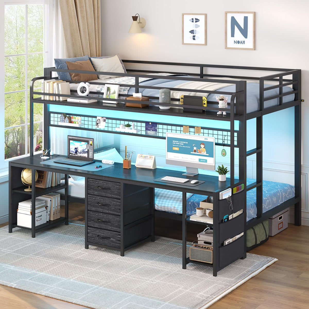 Twin Bunk Bed with Desk & LED Lights