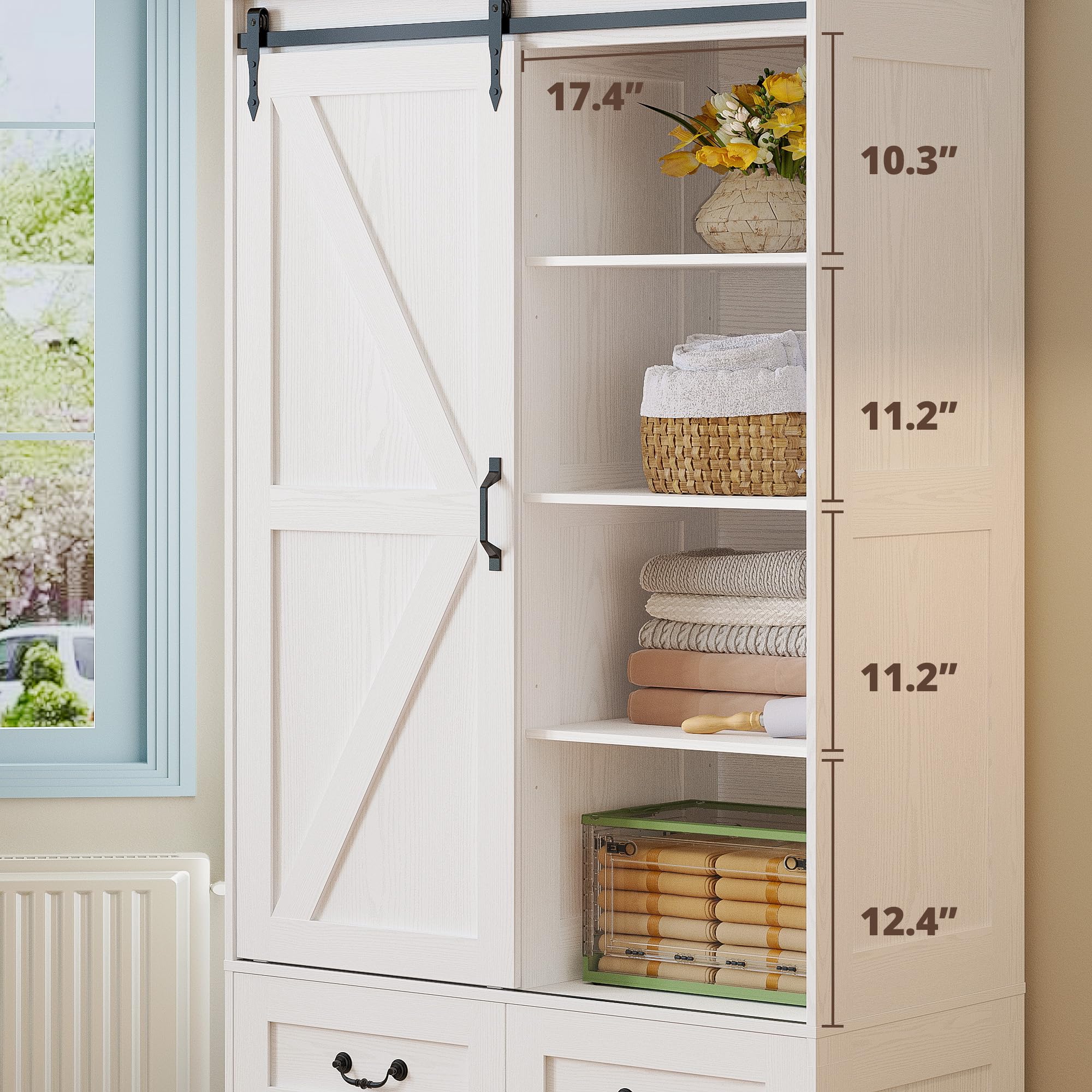 Sliding Barn Door Wardrobe with Drawers & Hanging Rod