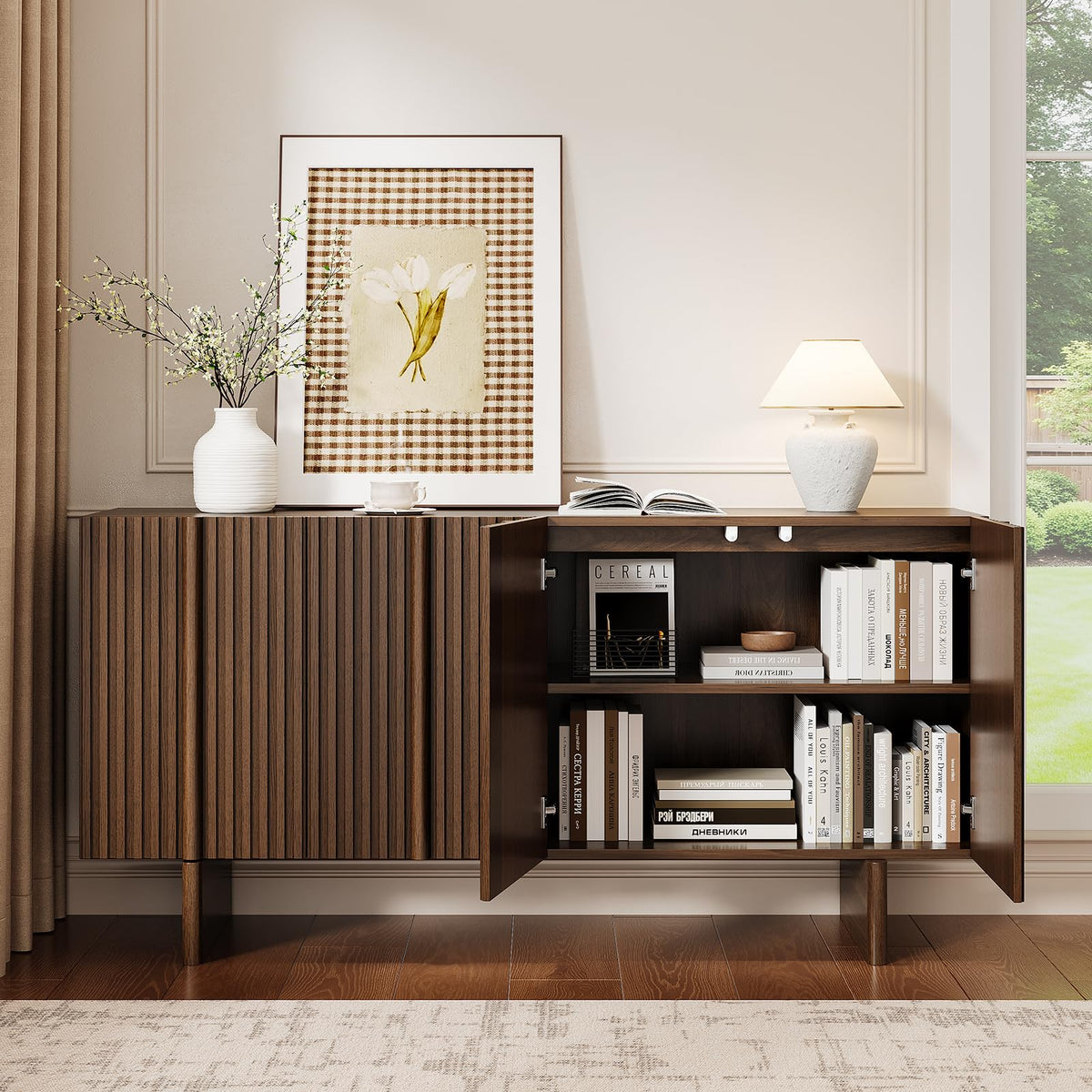 ONBRILL 63" Fluted Sideboard Cabinet with Storage Adjustable Shelves Walnut
