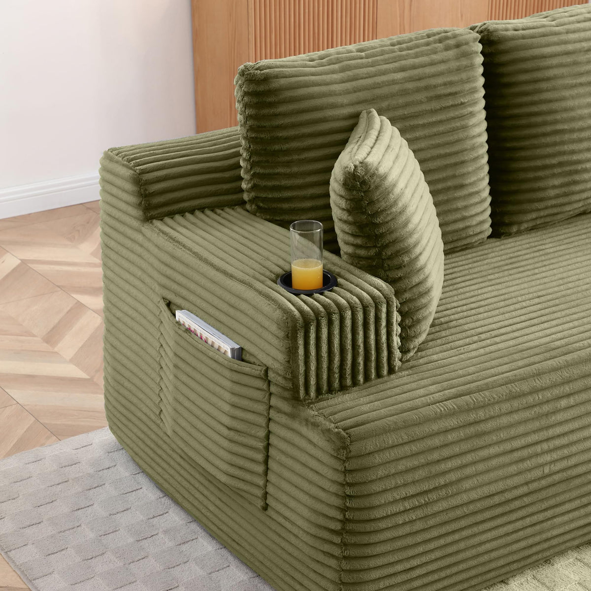 Corduroy Sofa with Cup Holders