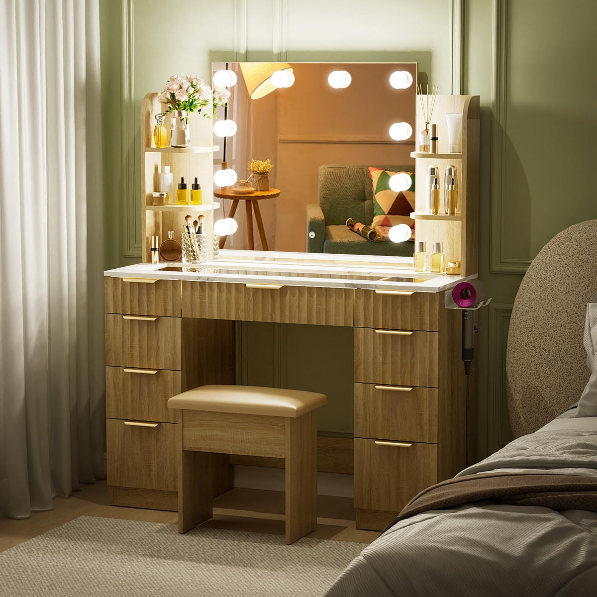 Fluted Glass-Top Makeup Vanity