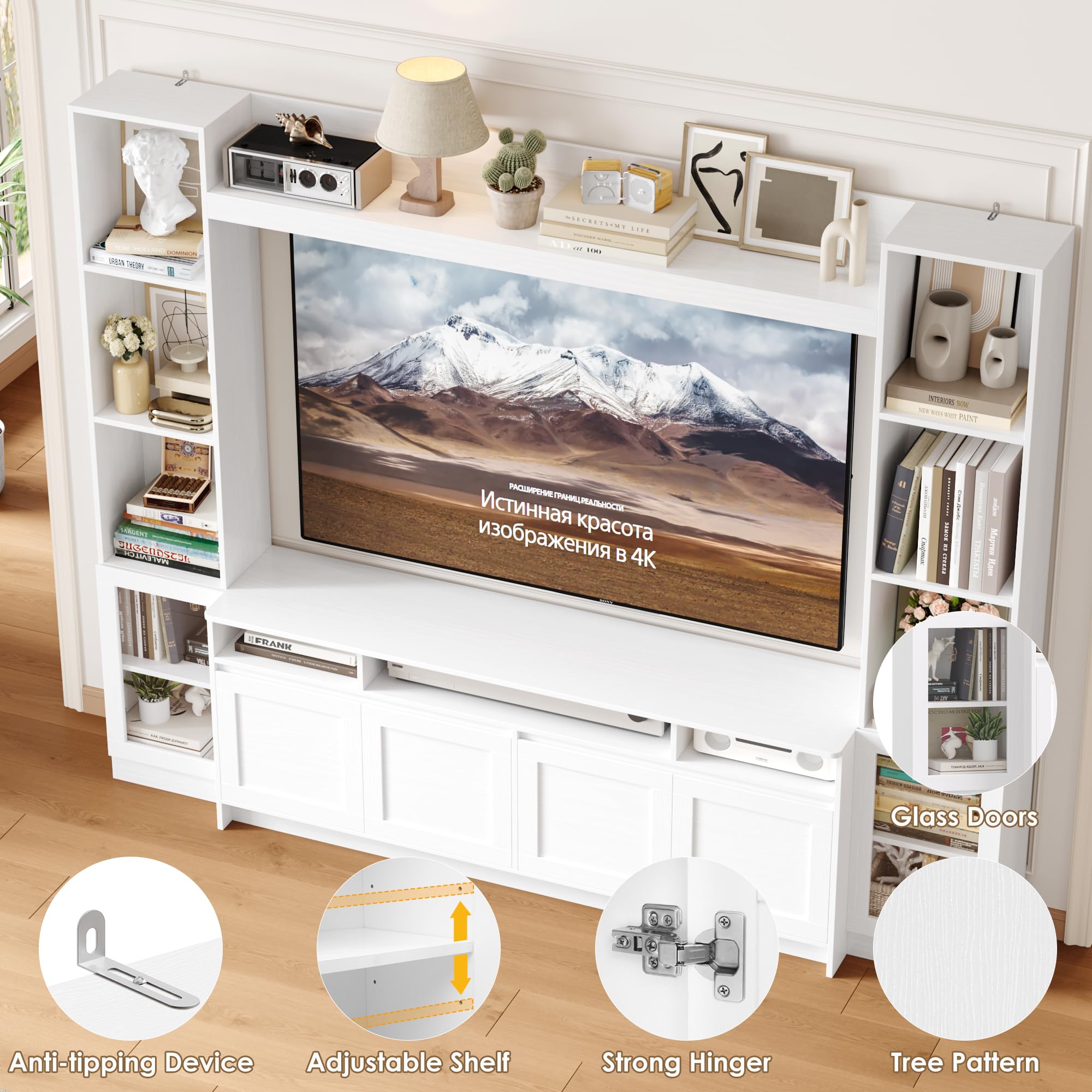 FACBOTALL 79" W Entertainment Center with Bookshelves & Storage Cabinet, Modern Wall Unit TV Stand for TVs up to 60", Large TV Console with LED Lights for Living Room, White