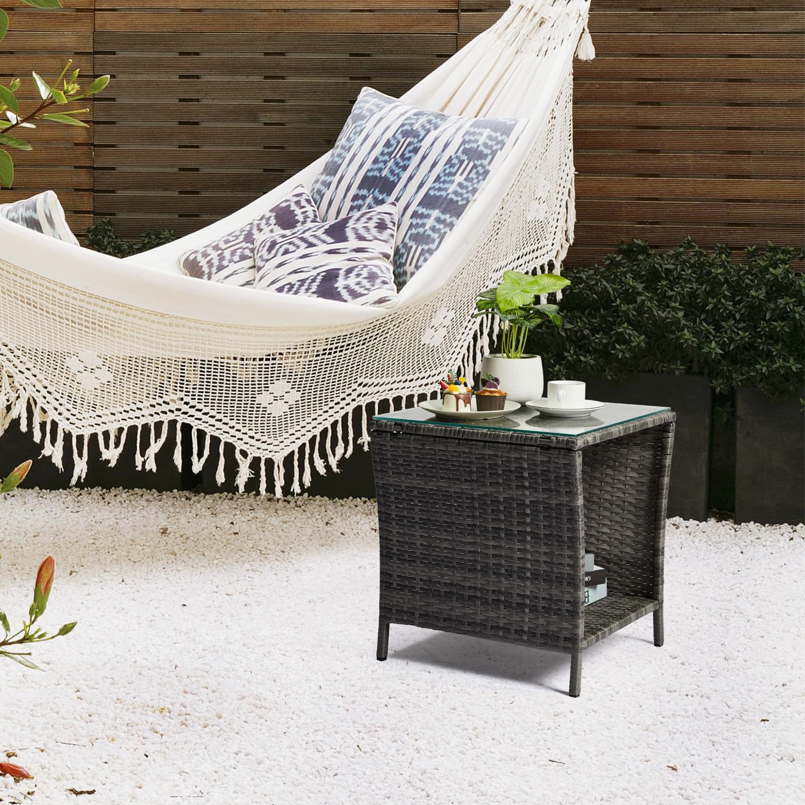 Wicker Outdoor Side Table with Tempered Glass Top & Storage Shelf