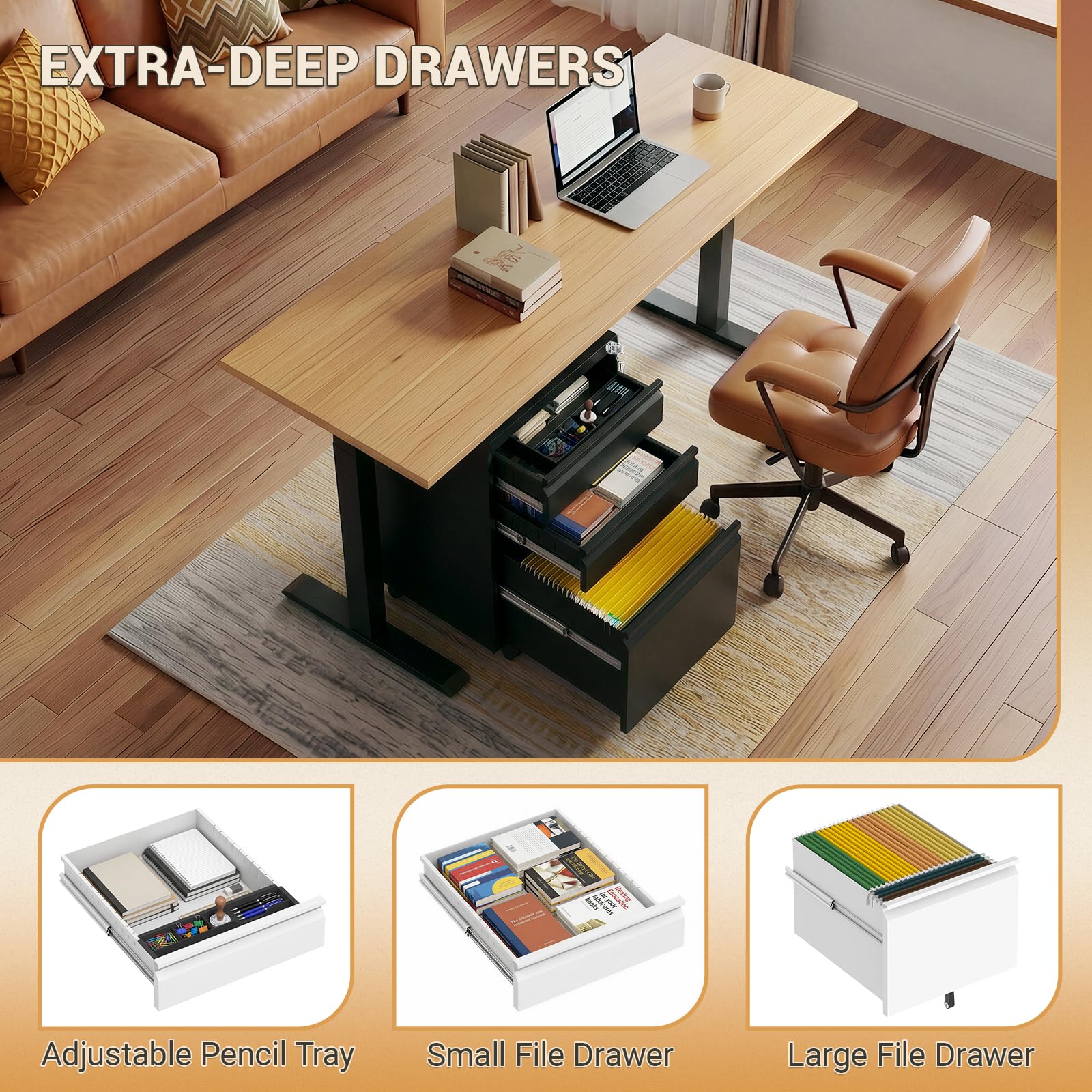 3-Drawer Locking Metal Filing Cabinet with Wheels