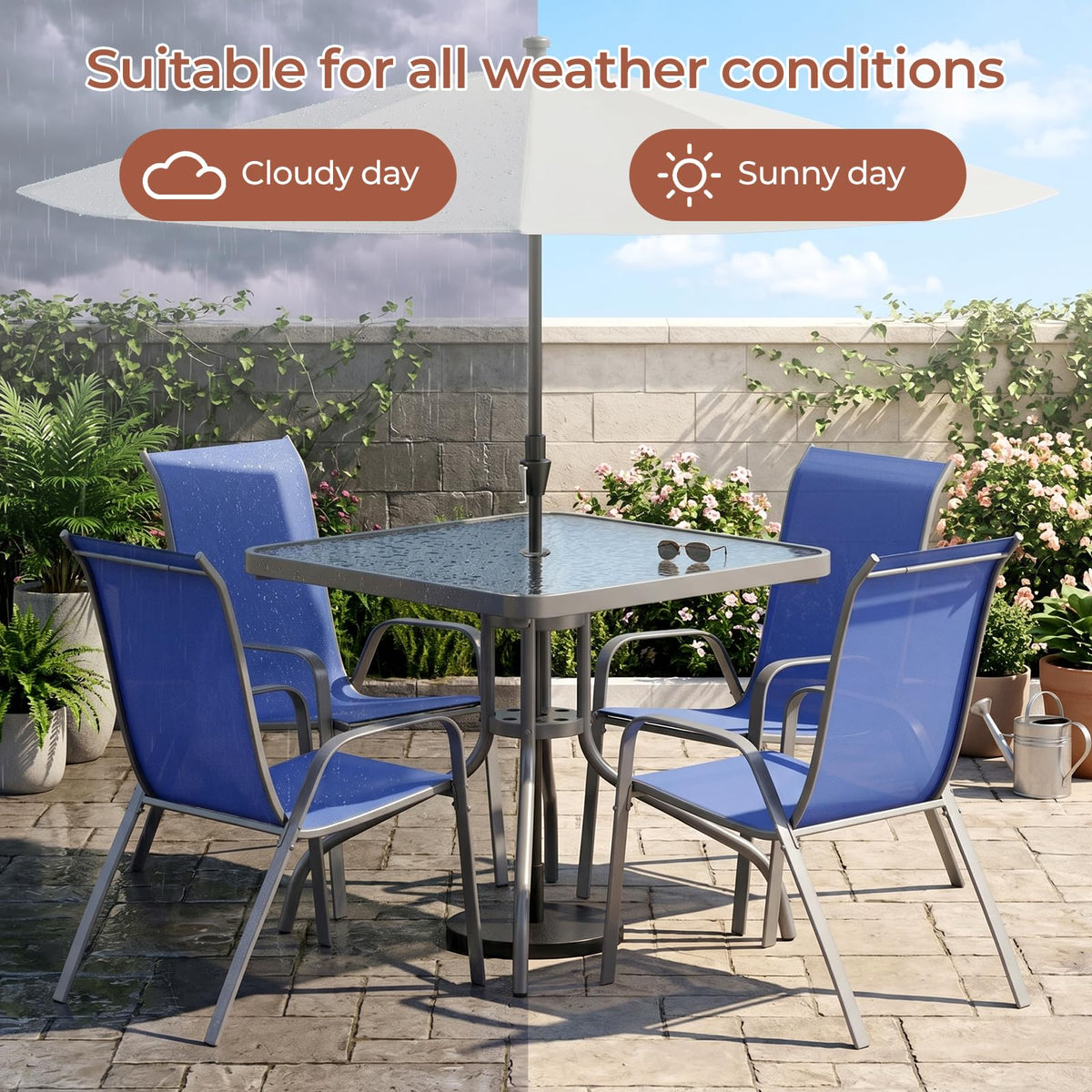 TLSUNNY 5 Pieces Patio Dining Set for 4, Glass Table and Textilene Chair
