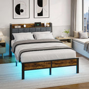 Platform Bed Frame with Charging Headboard, RGB LED Lights & Metal Slats