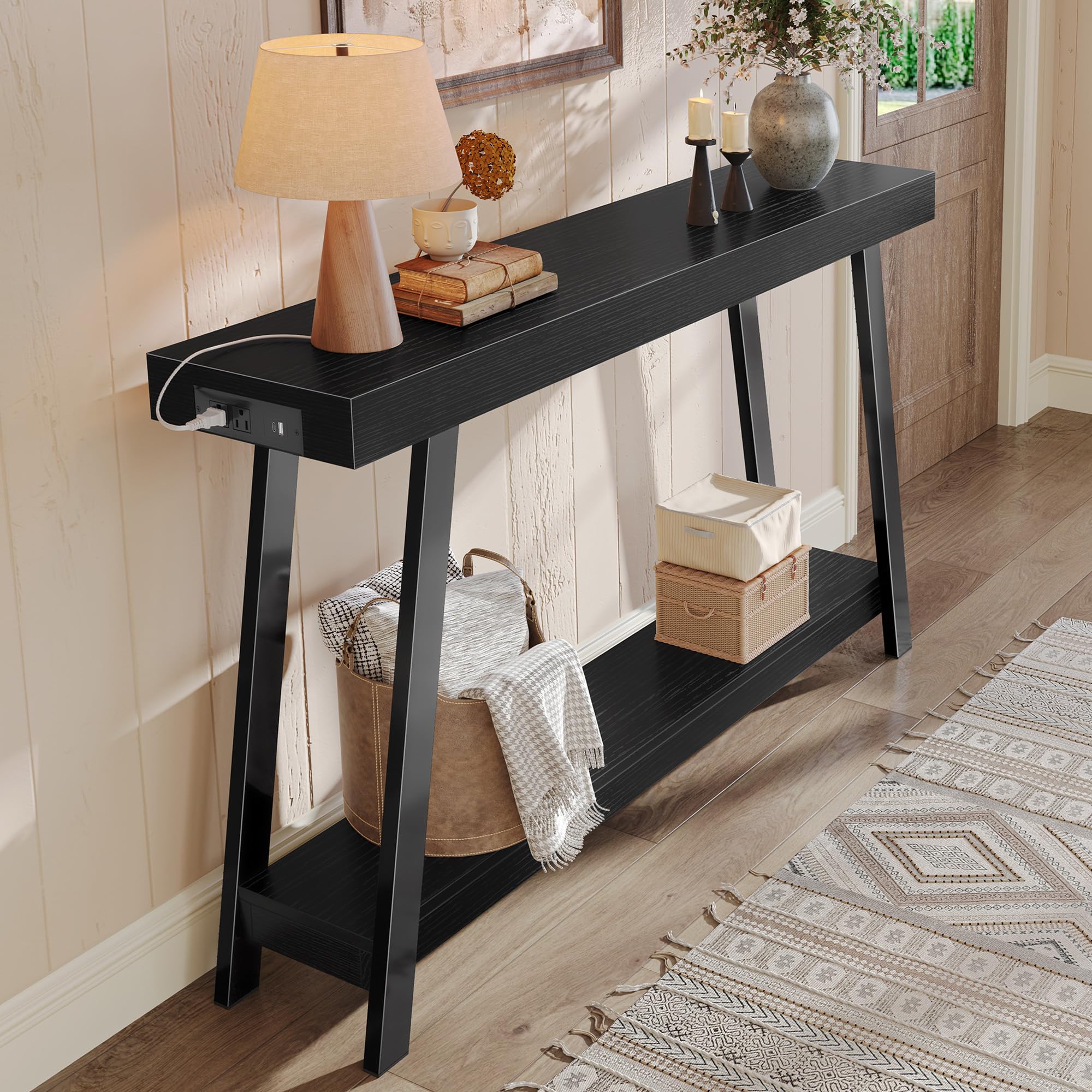 Huuger Console Table with Charging Station, USB-C Port, 2 Tiers Entryway Table, 53.9 Inch Sofa Table with Metal Legs, Entry Hallway Table with Thicker Desktop, Modern Behind Couch Table, Black