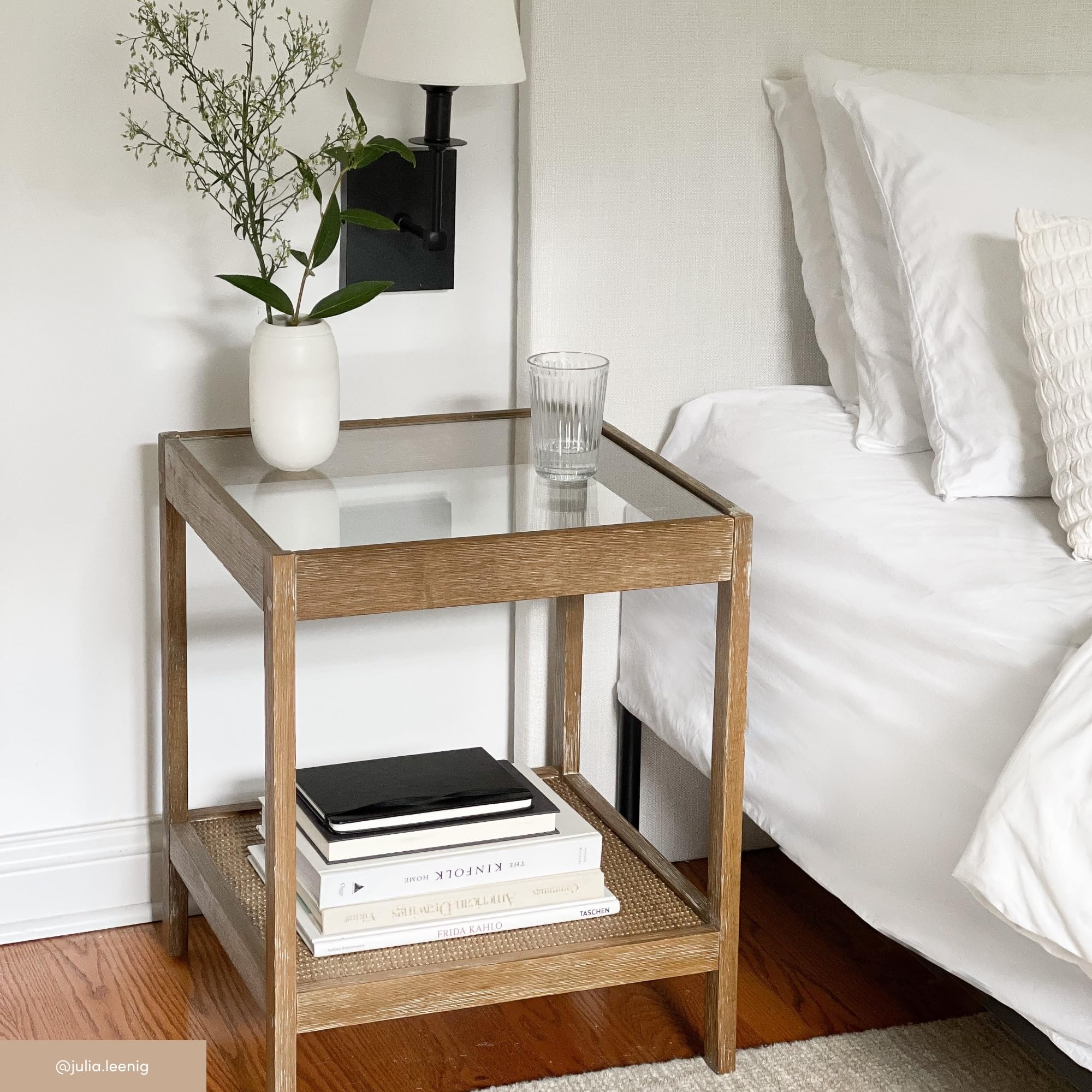 Glass Top End Table with Rattan Shelf