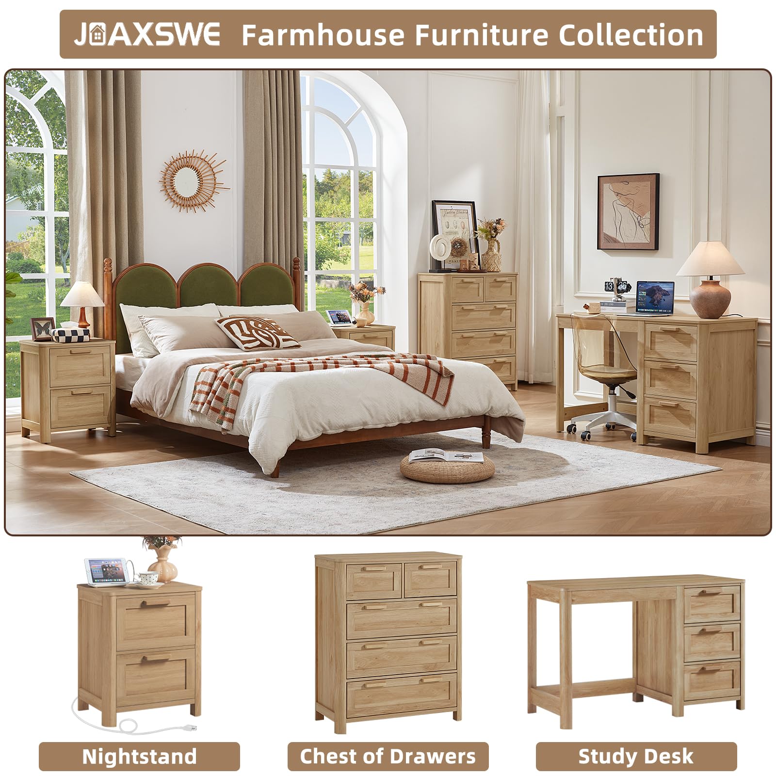 Joaxswe Farmhouse 5 Drawer Dresser for Bedroom, Chest of Drawers with 5 Deep Drawer & 4 Thickened Table Legs, Natural Wood