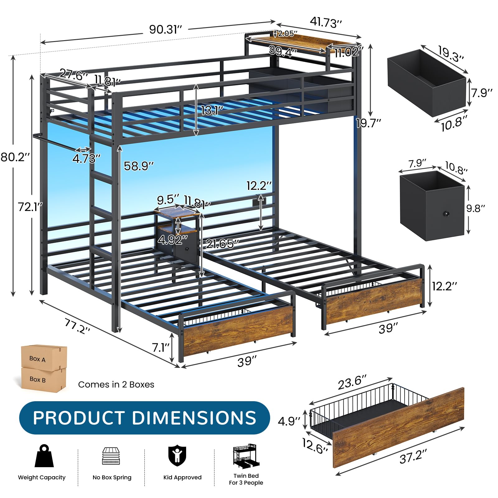 Triple Twin Bunk Bed with LED Lights & Storage