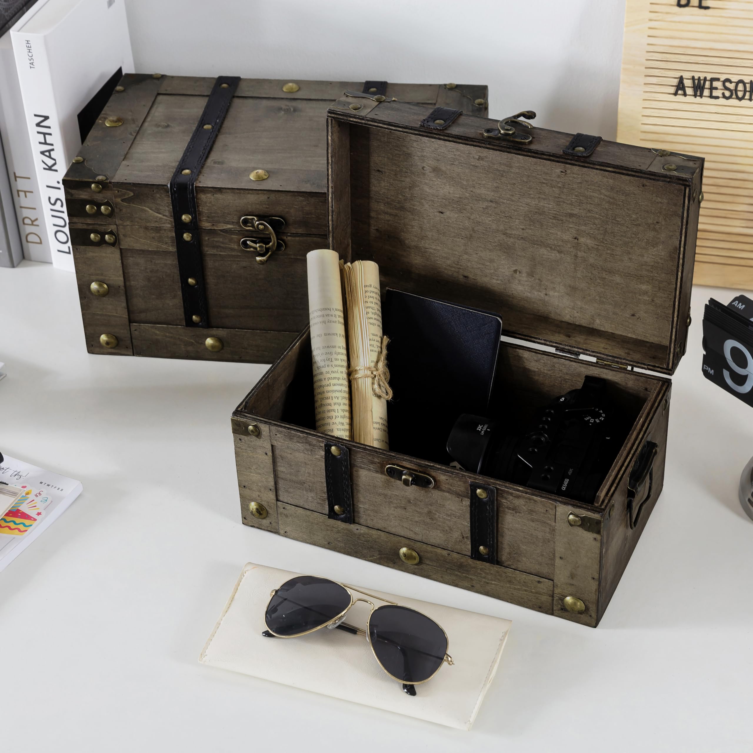 Soul & Lane Wood Treasure Chests - Set of 2, Antique Storage Trunks, Decorative Wooden Storage Boxes with Hinged Lids for Keepsakes and Home Décor