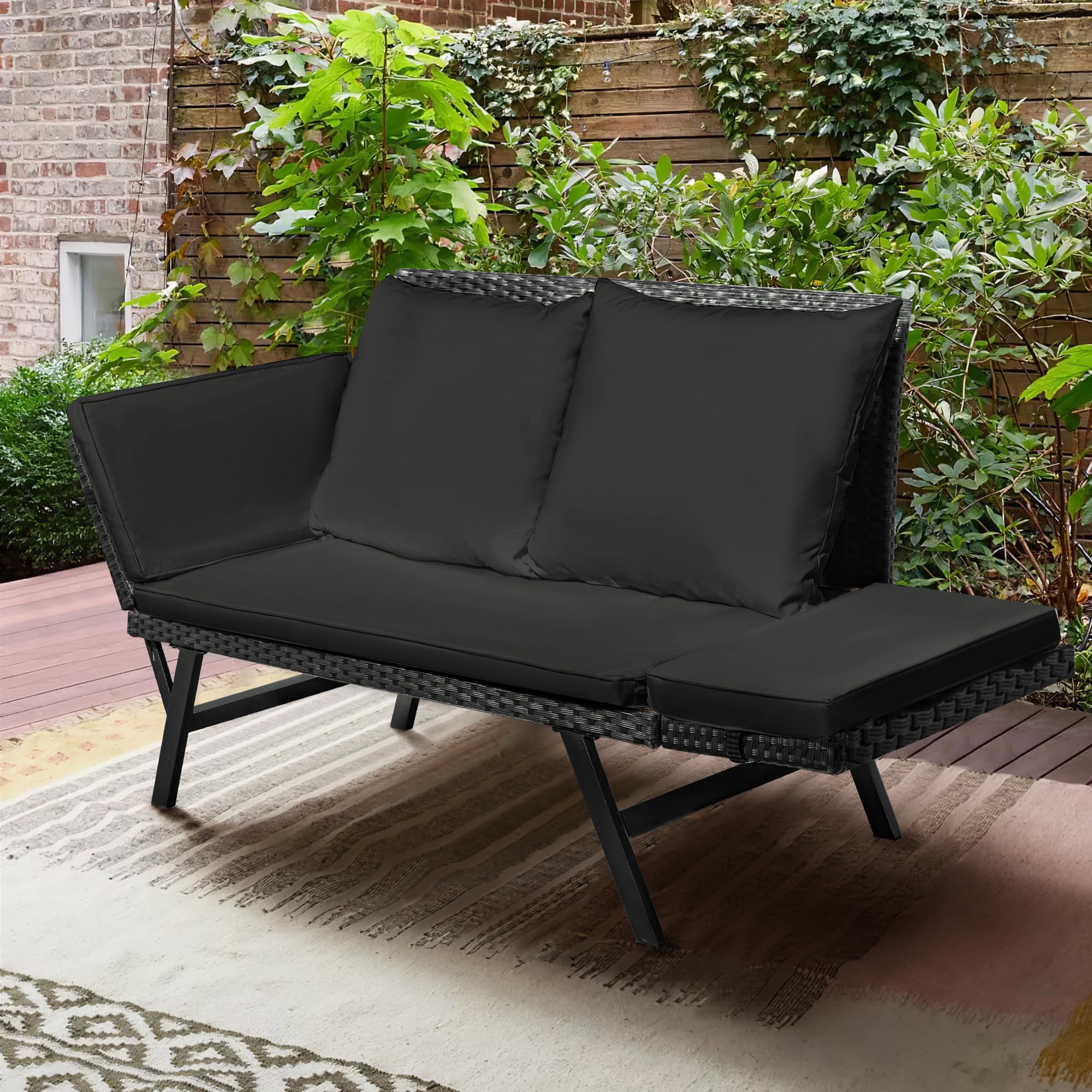 Outdoor Convertible Rattan Sofa Bed with Adjustable Armrests