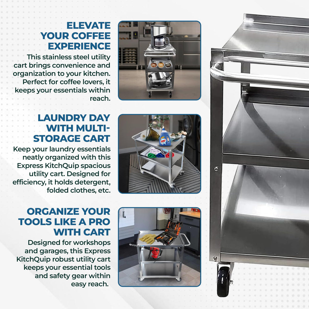 Express KitchQuip 33" x 21" Stainless Utility Cart, 3-Shelf, Casters, NSF