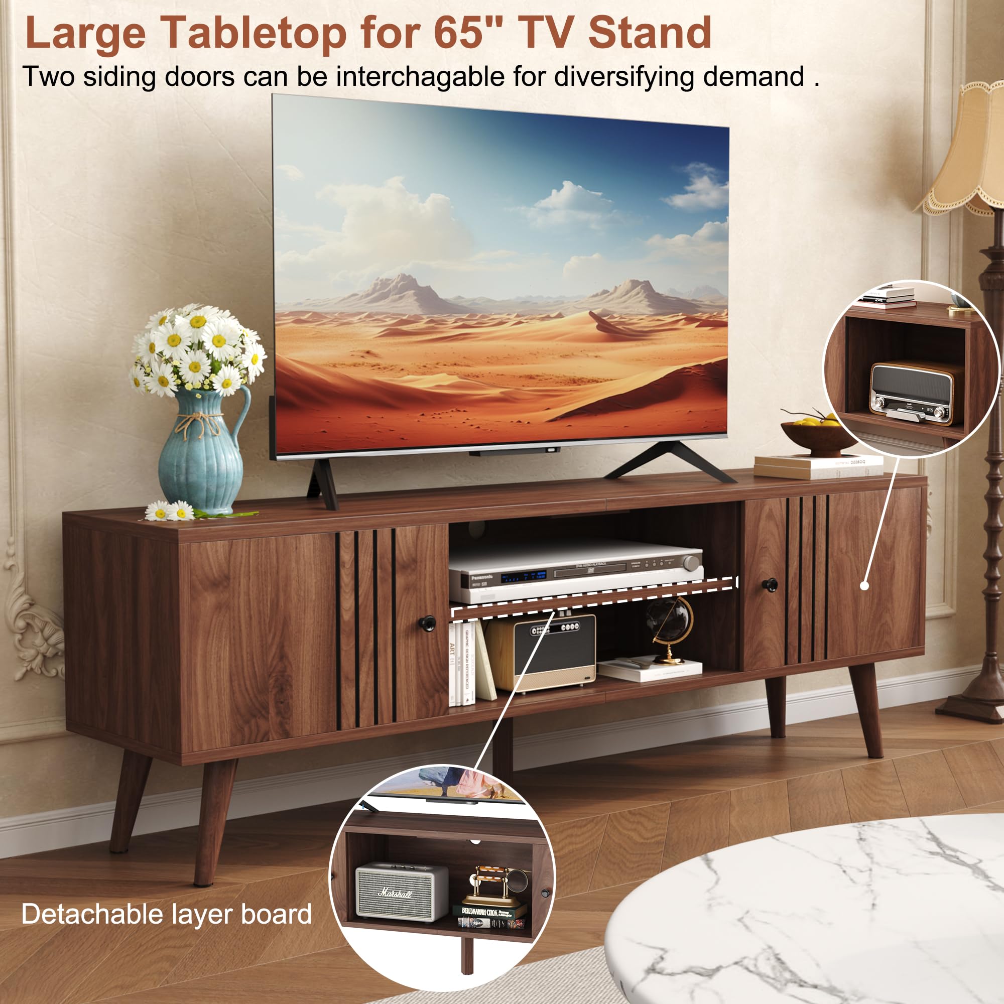 Mid-Century TV Stand with Sliding Door – Fits TVs up to 65"