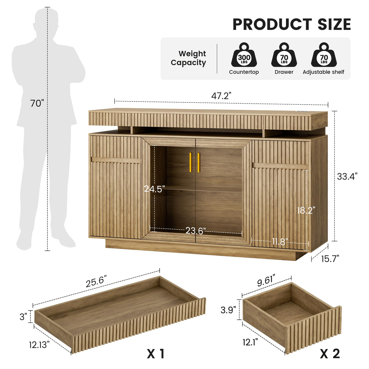LVSOMT 47.2" Sideboard Buffet Cabinet with Storage, Adjustable Shelf
