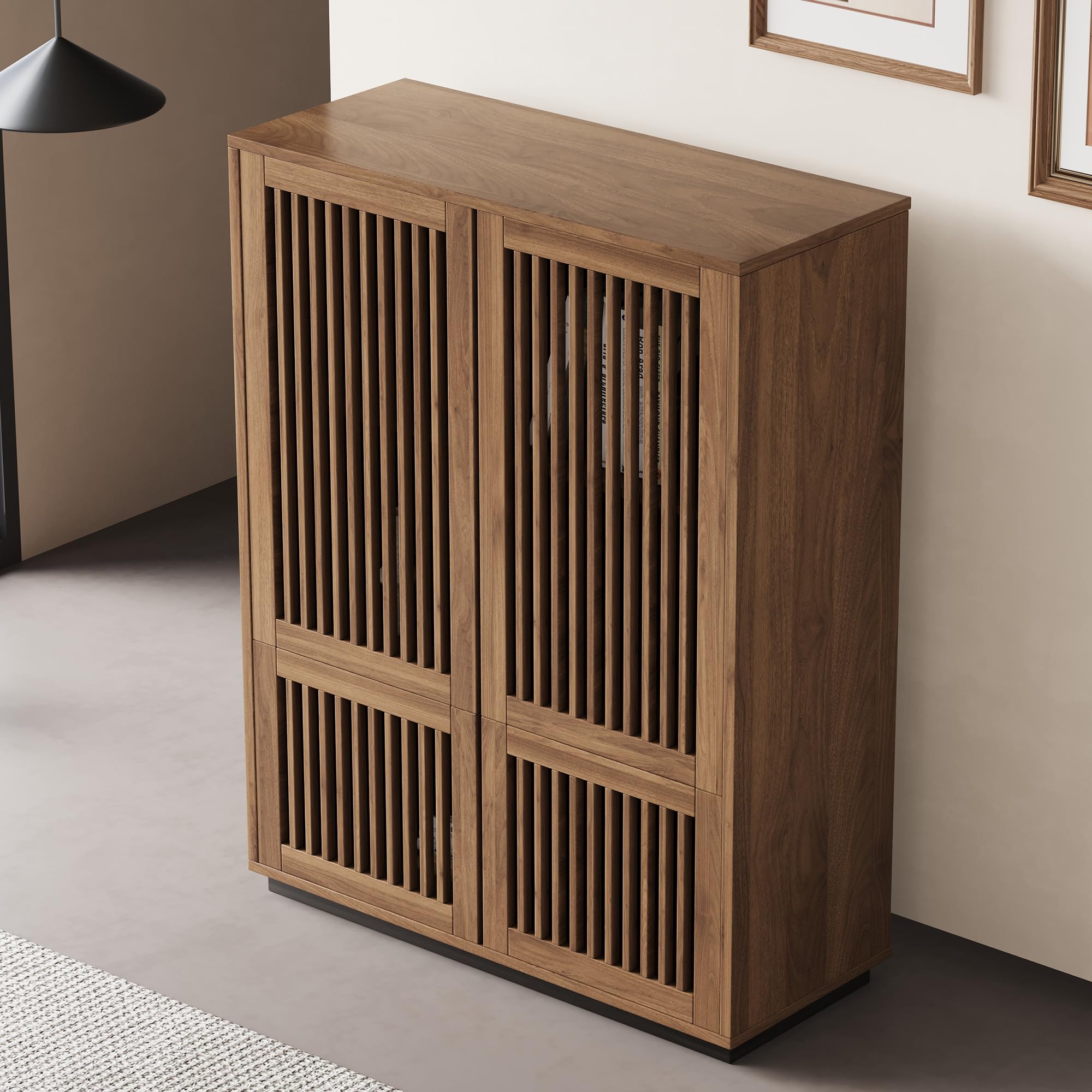 Wooden Slatted Door Storage Cabinet - Multifunctional Design, Elegant and Minimalist, Perfect for Living Room, Dining Room, or Study (34.84")