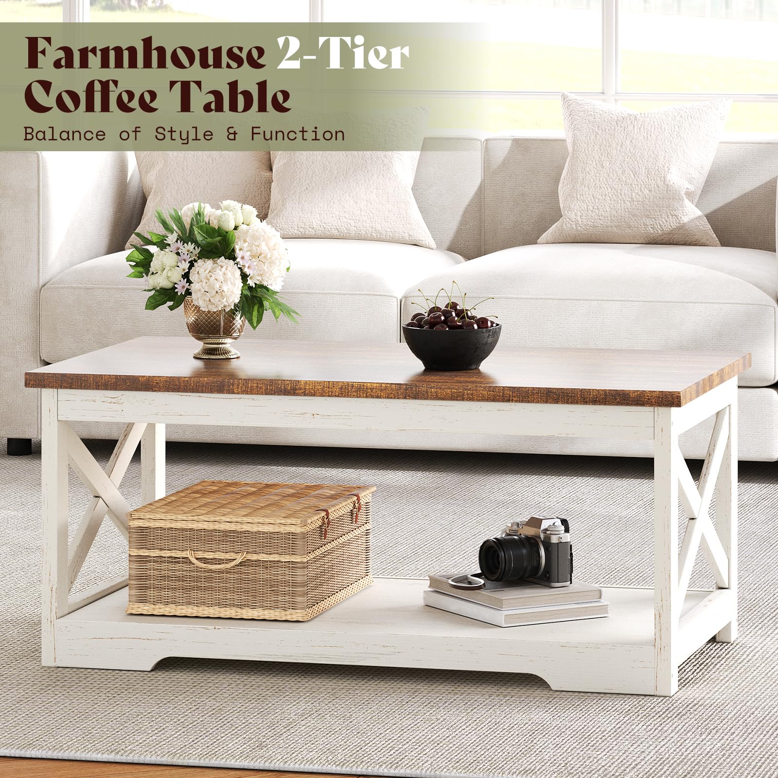 Farmhouse 3-Piece Coffee Table Set with Charging Station