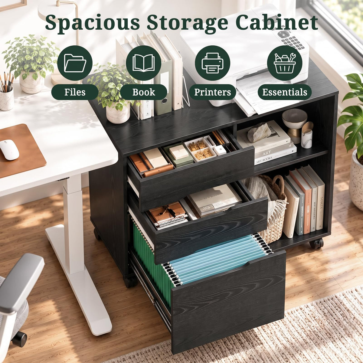 Lateral File Cabinet with 3 Drawers, Rolling Filing Cabinet with Wheels