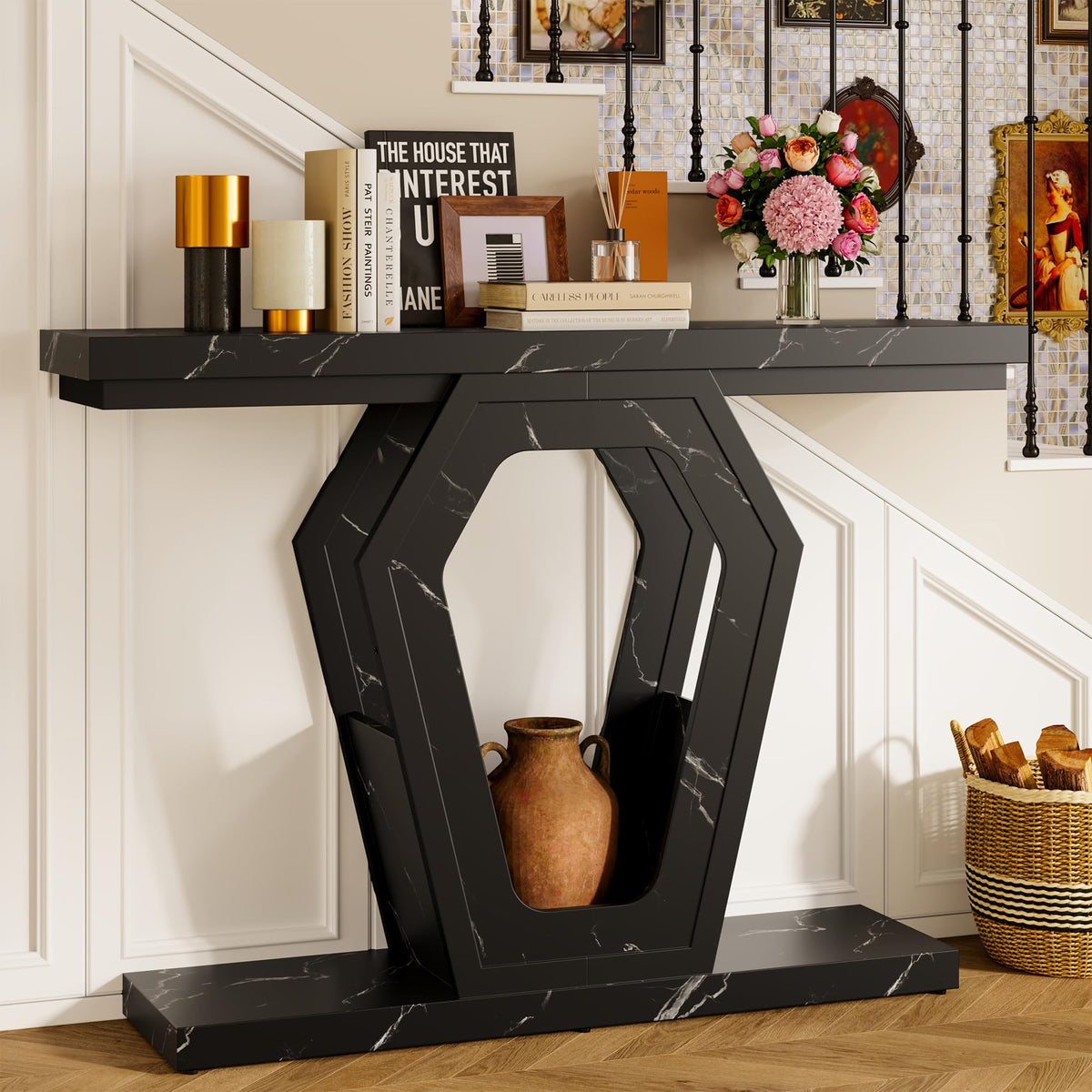 Black Marble-Look Console Table