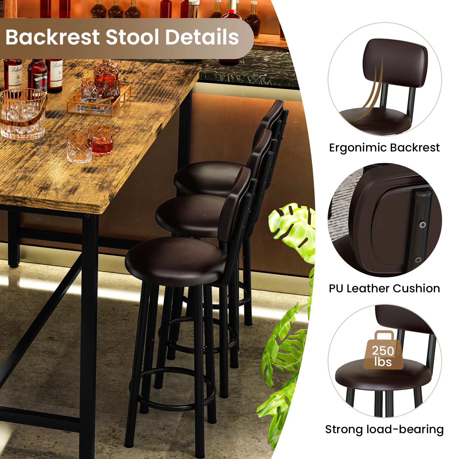 7-Piece Counter Height Bar Table Set with Upholstered Stools