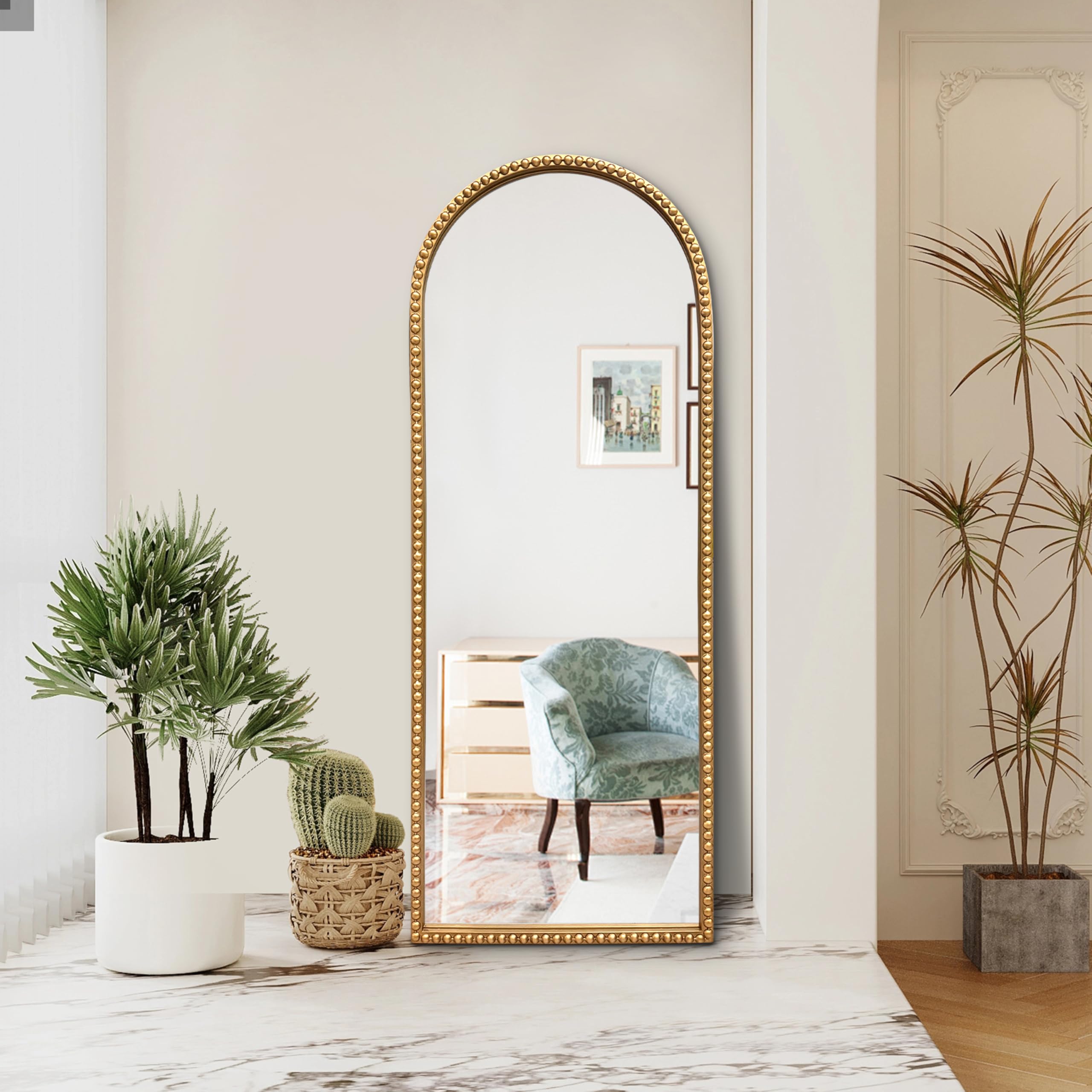 Gold Arch Full Length Wall Mirror with Antique Beaded Frame
