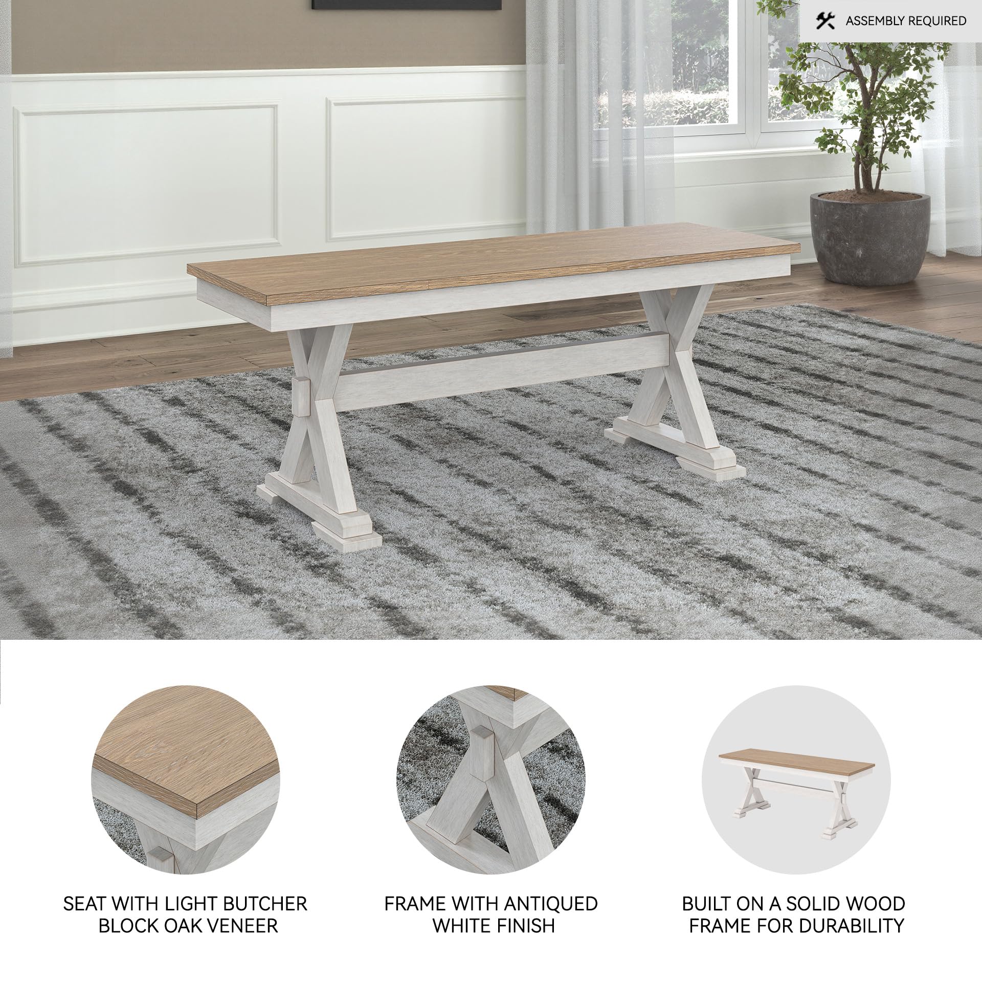 Farmhouse Dining Bench, Antique White